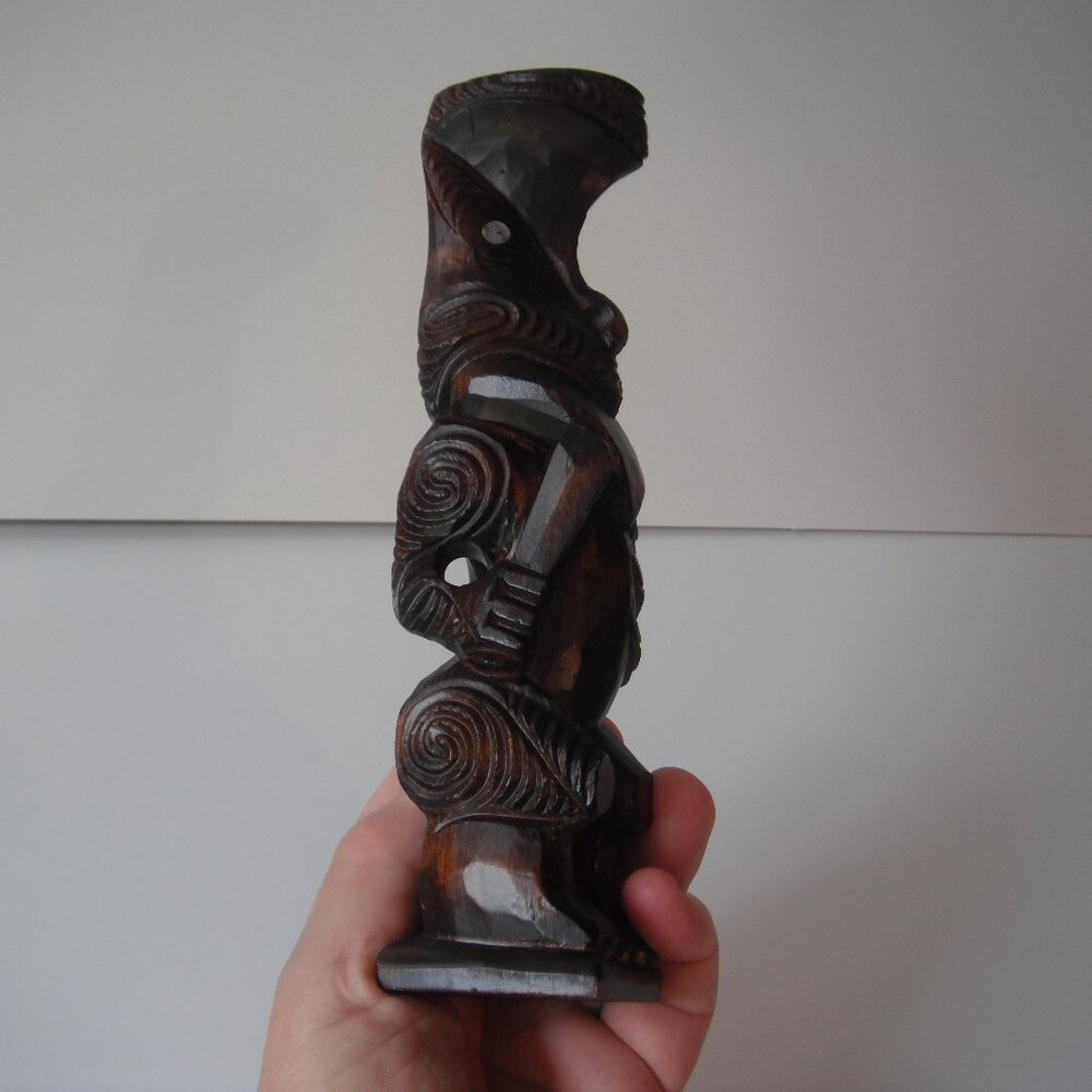 Vintage Hand Carved Maori Tiki Totem Shell Eyes New Zealand Wood Sculpture